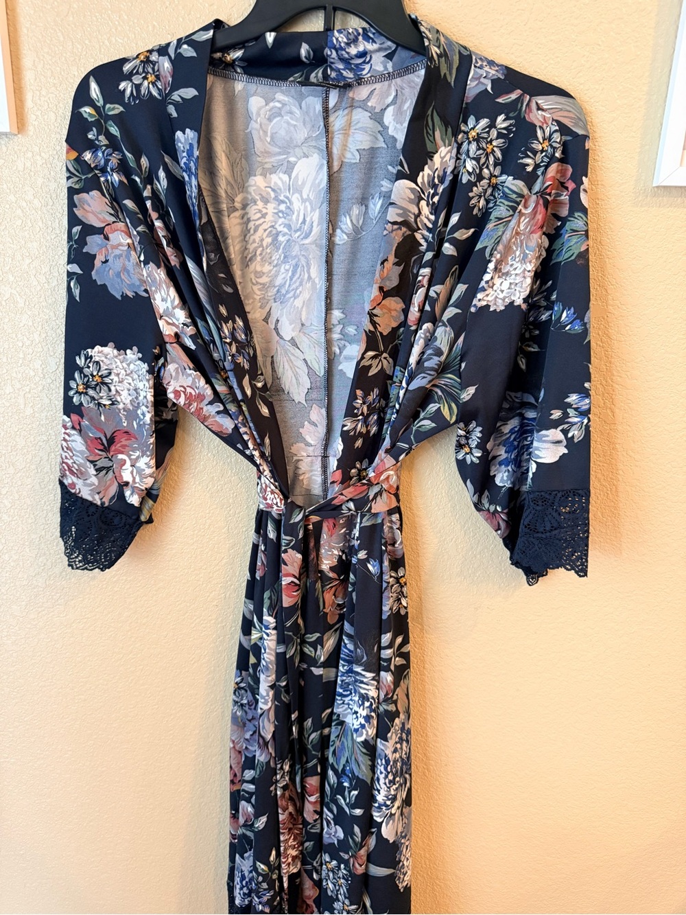 City Chic Navy Floral Lace-Trim Robe